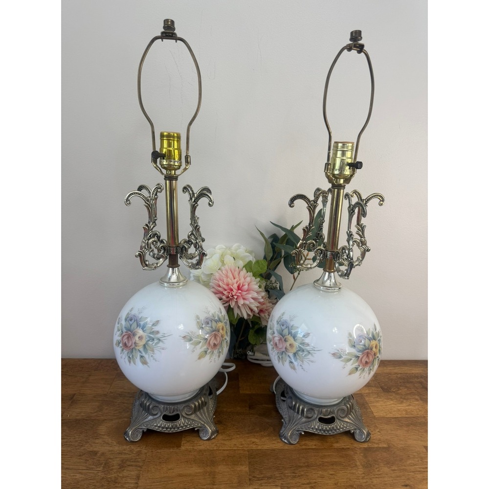 Vintage Floral Milk Glass Globe Table Lamps Pair Hollywood Regency White Roses